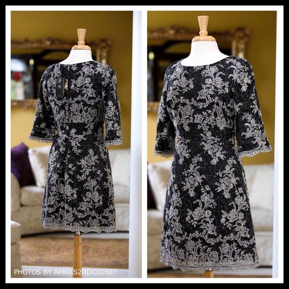 COCKTAIL DRESS EMBELLISHED SEQUIN BLACK SILVER LACE A-LINE MINI DRESS A2C - Picture 2 of 7